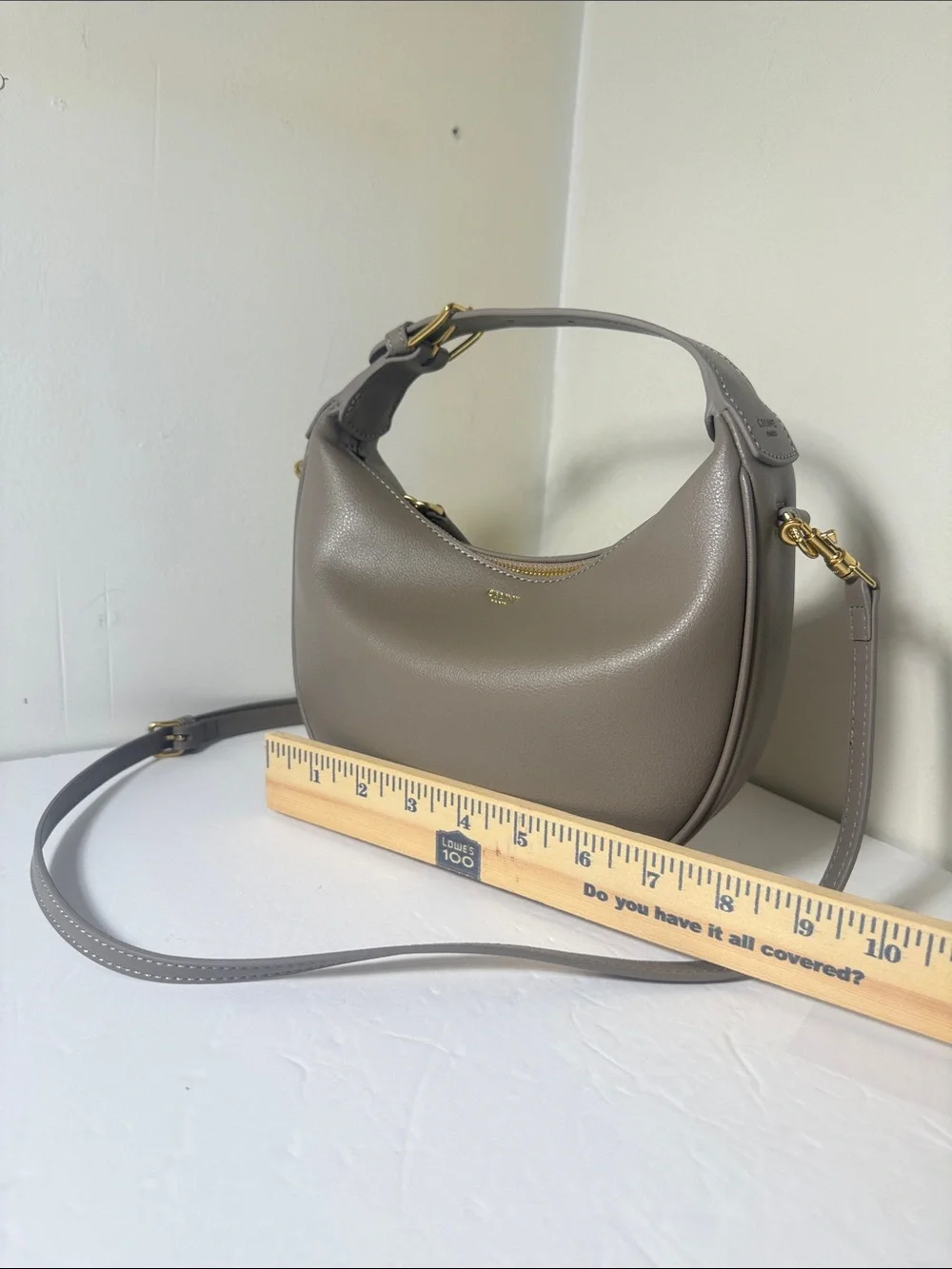 Taupe Crescent Leather Shoulder Bag with Gold Hardware